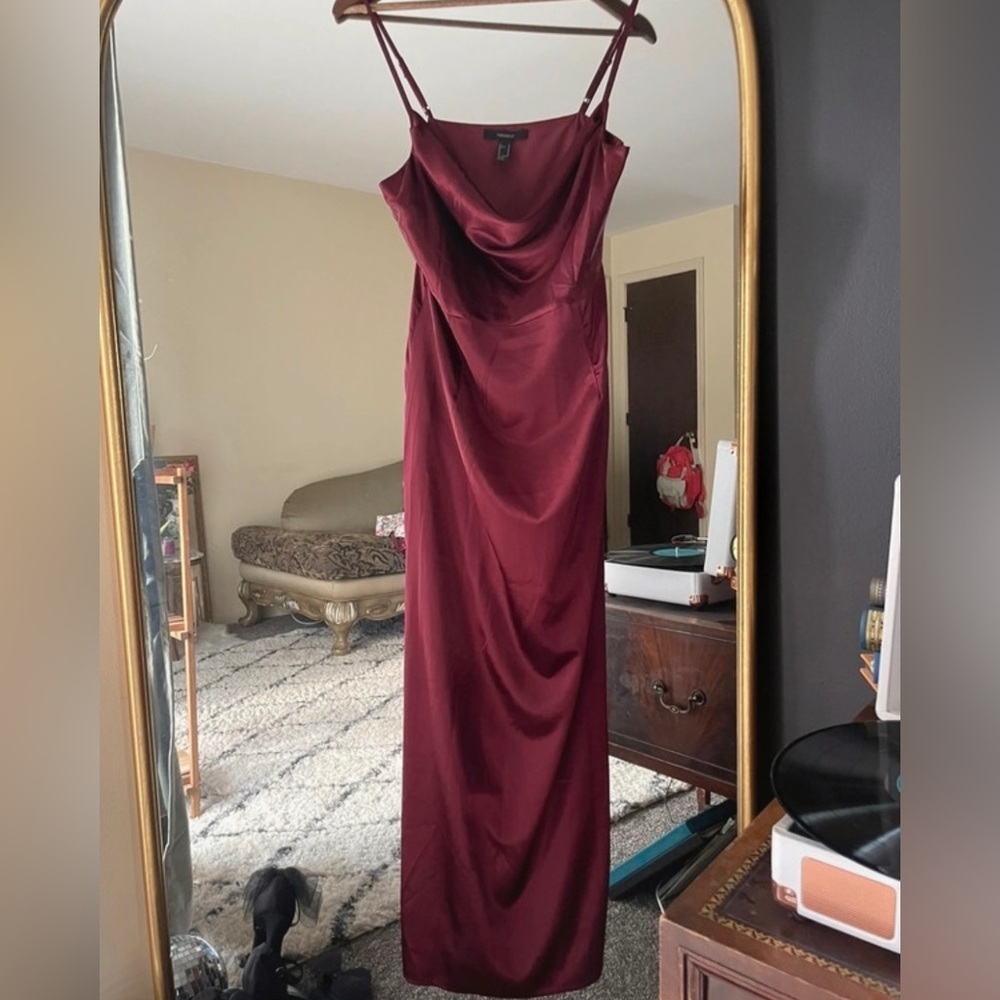 Forever 21 Burgundy Satin Slip Maxi Dress with Spaghetti Straps and Cowl Neck
